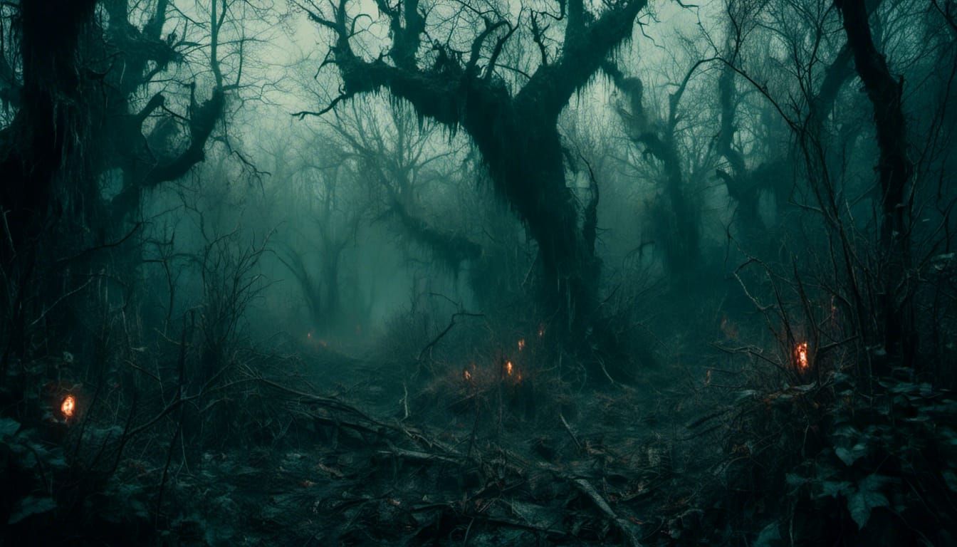 Dark Forest With Glowing Eyes, Macabre Style