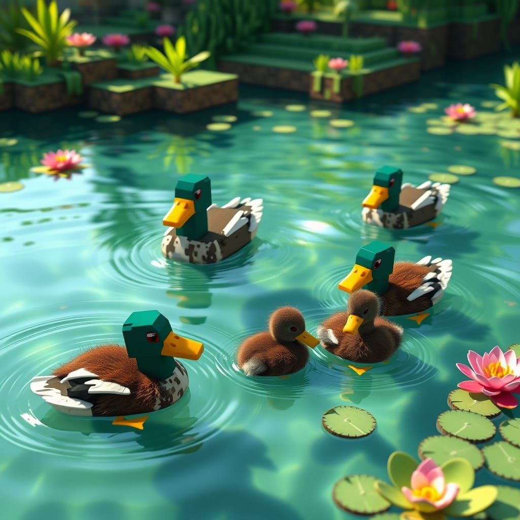 Blocky Mallard Ducks Swim in Crystal Pond