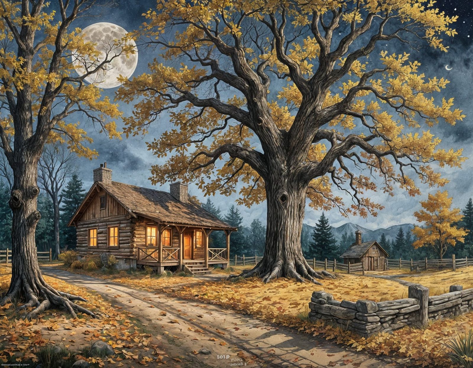 Autumn Oak Tree and Cabin in Watercolor