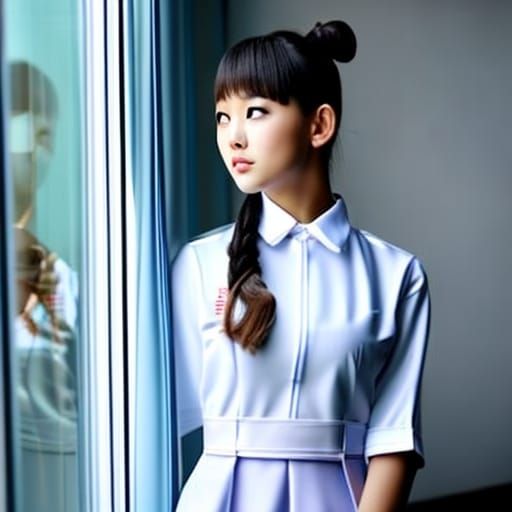 Korean Schoolgirl Staring out Window