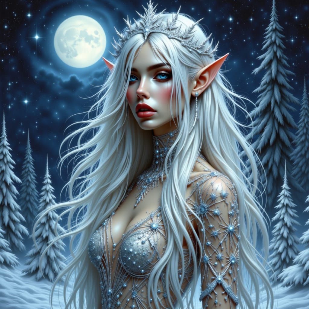 Ethereal Elven Woman in Moonlit Winter Wonderland