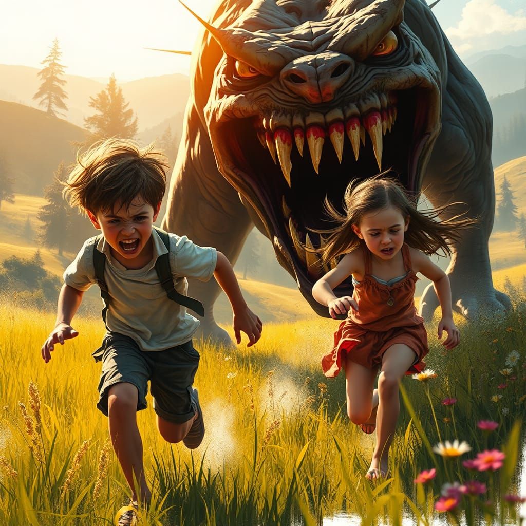 Children Fleeing Monster in Vivid Meadow Painting