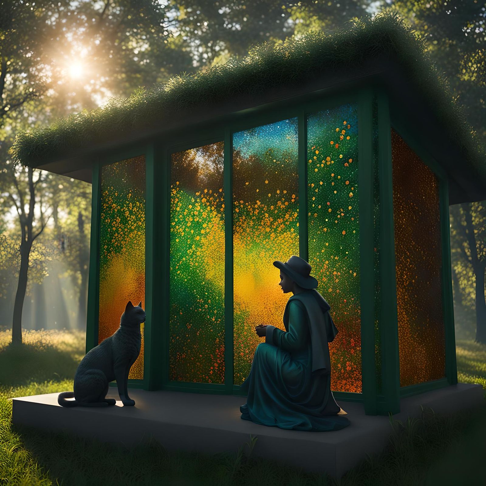 Glass Woman Statue in Sunny Forest: Pointillism Art