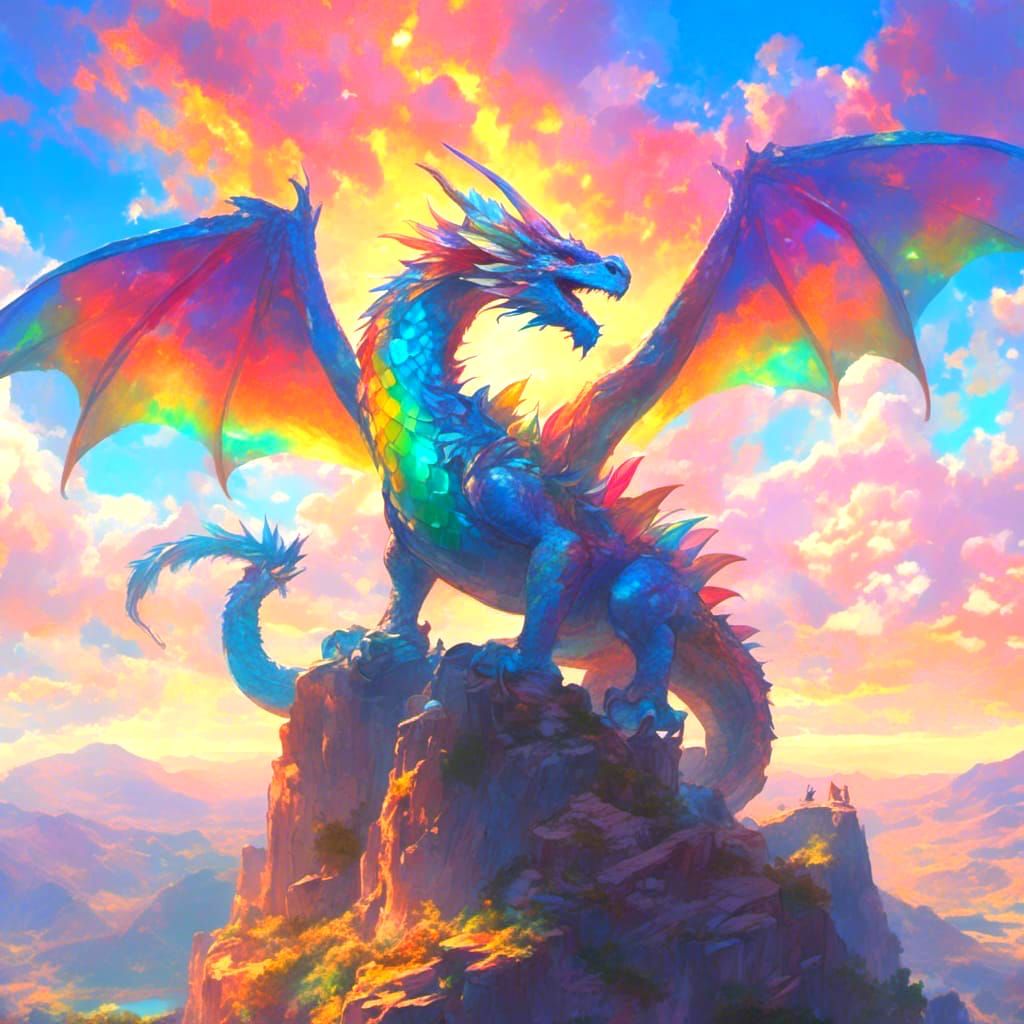 Rainbow Dragon Cityscape in Anime Style