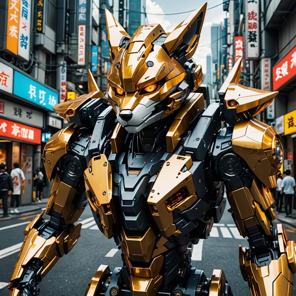 Anime Mecha-Fox Ready for Battle in Cyberpunk City