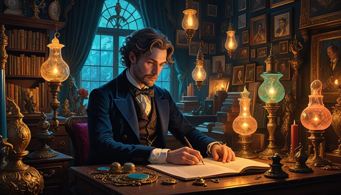 Mystical Author in Victorian Style, Oil Lamp Lit