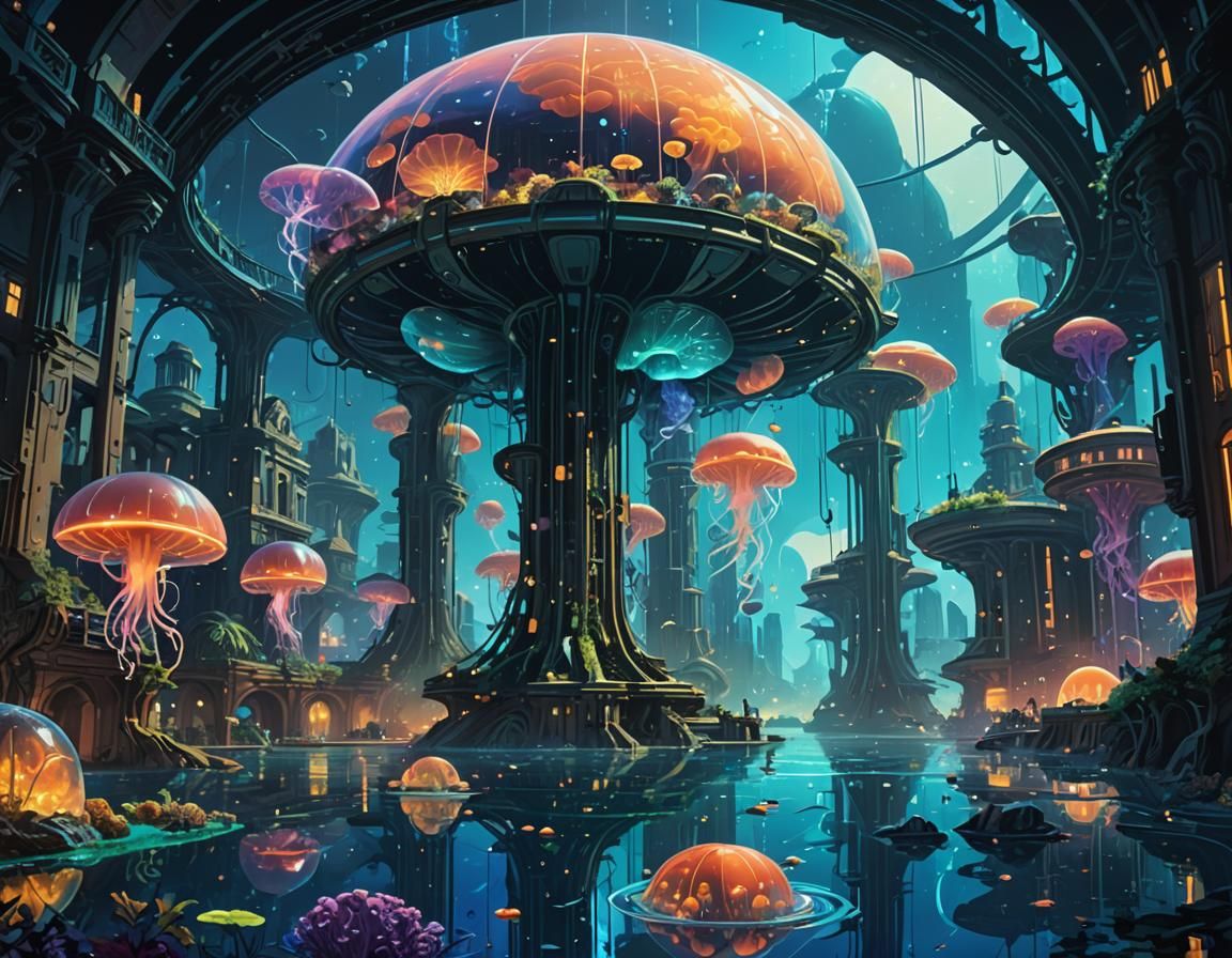Bioluminescent Underwater City: Art Nouveau Concept Art