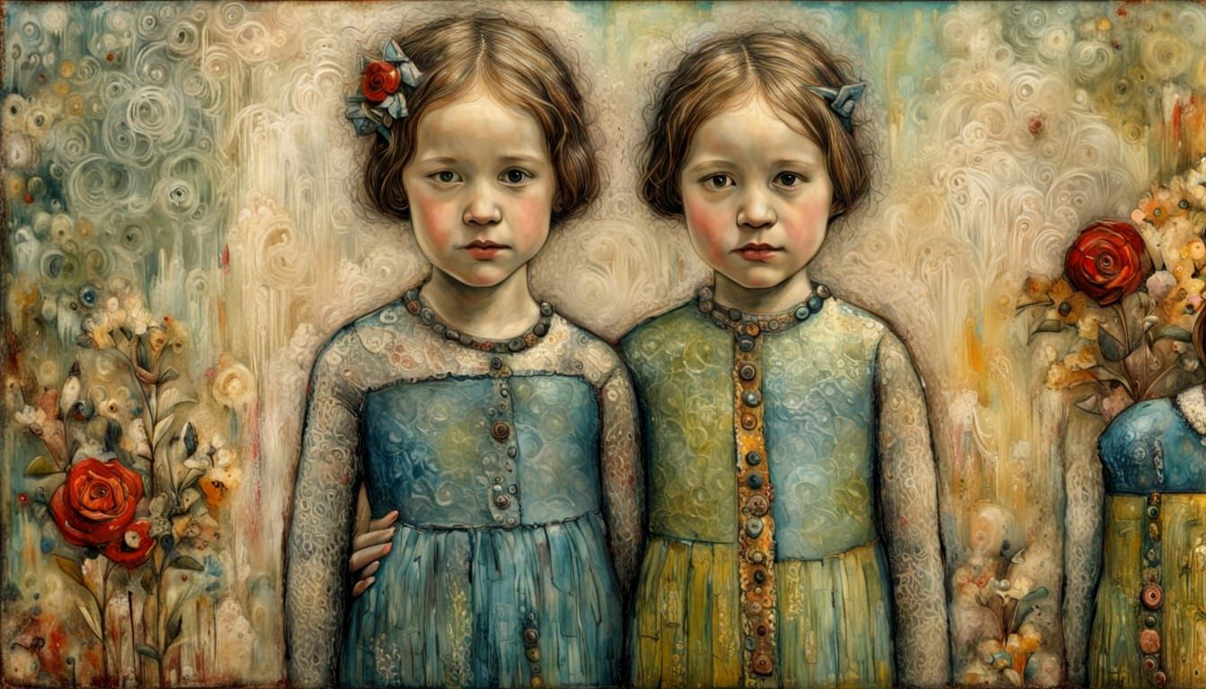 Sisters Portrait in Encaustic Painting Style