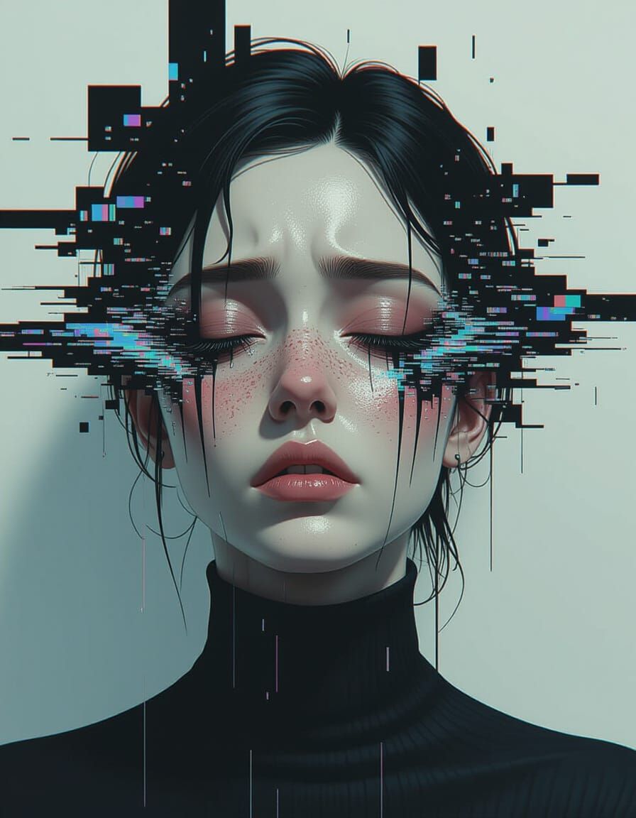 Sorrowful Face Melts into Static Pixel Art