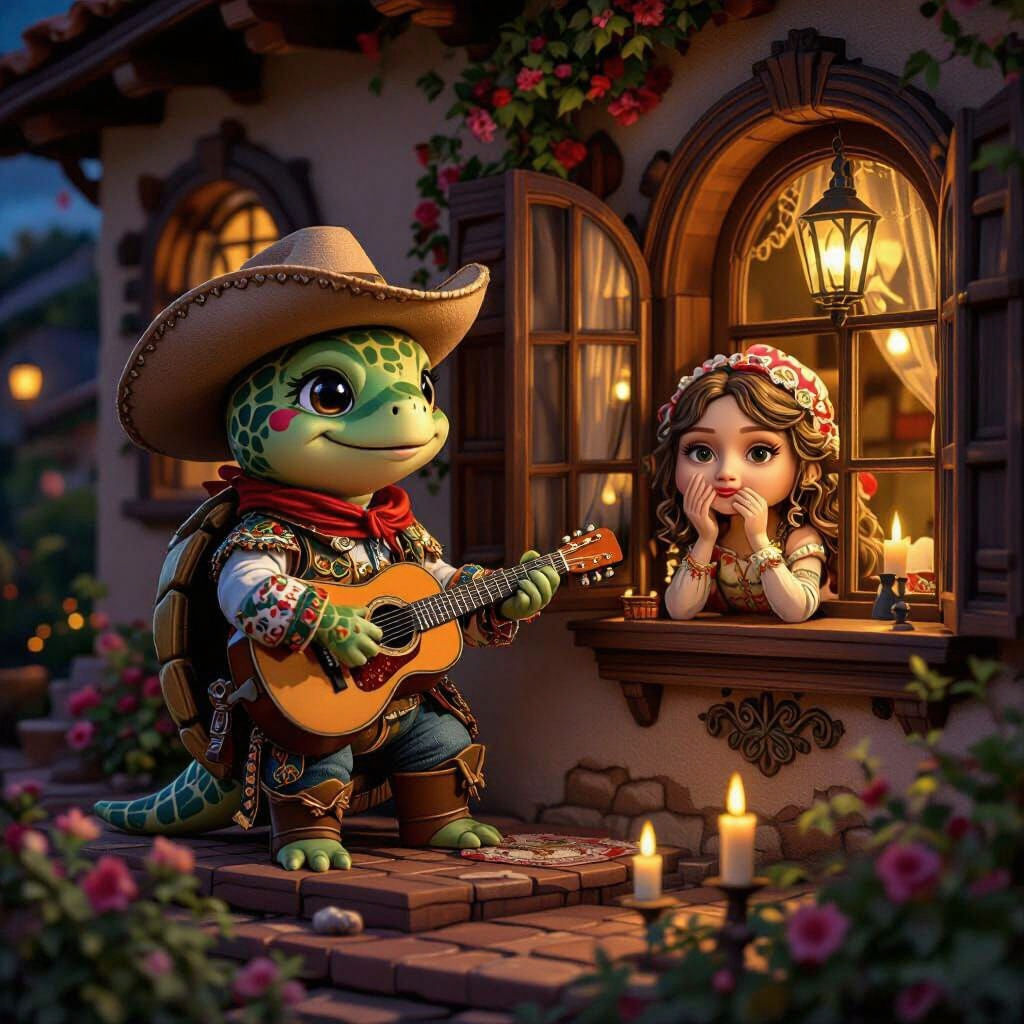 Chibi Turtle Cowboy Serenades Maiden: Oil Realism