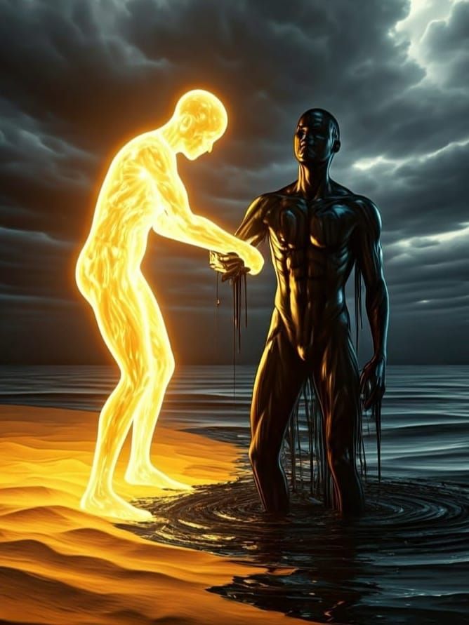 Golden Humanoid Rescues Ink Figure: Digital Illustration