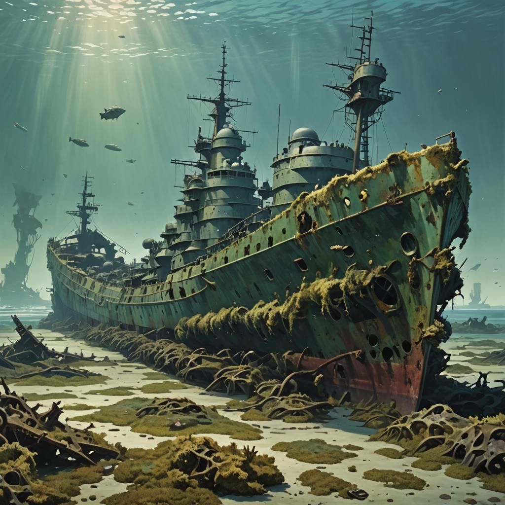 Underwater Battleship Wreck in Realist Style