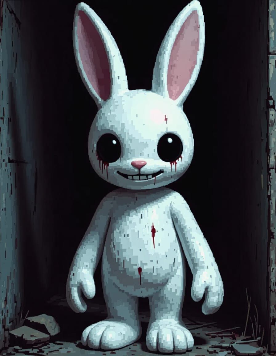 Creepy Tall Bunny with Blank Stare and Glitching TV