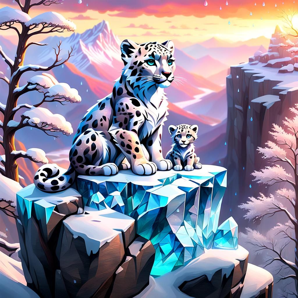 Beautiful  Ice Crystal sculpture, made of Glass Ice, Snow leopard baby cub made of Ice,  reflective catchlights backgrou...