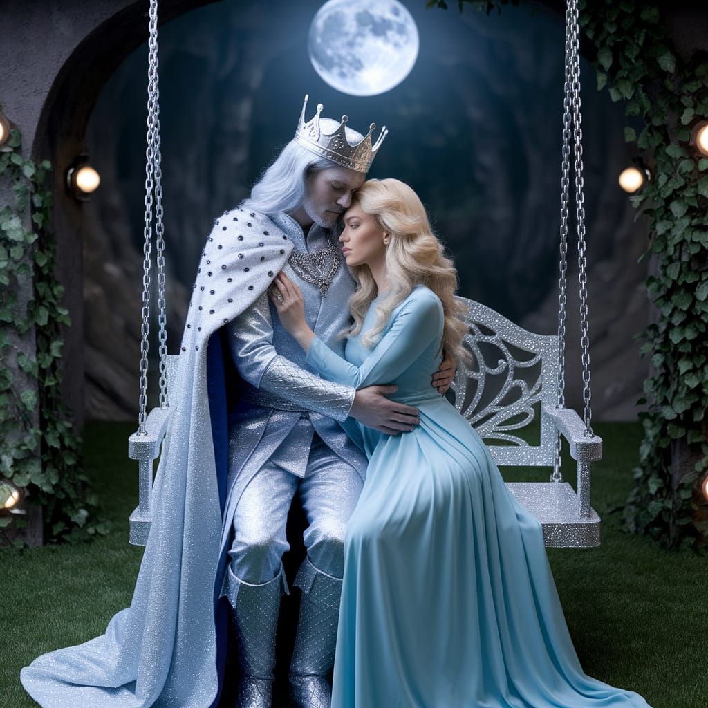 Silver King and Golden Woman in Moonlit Garden