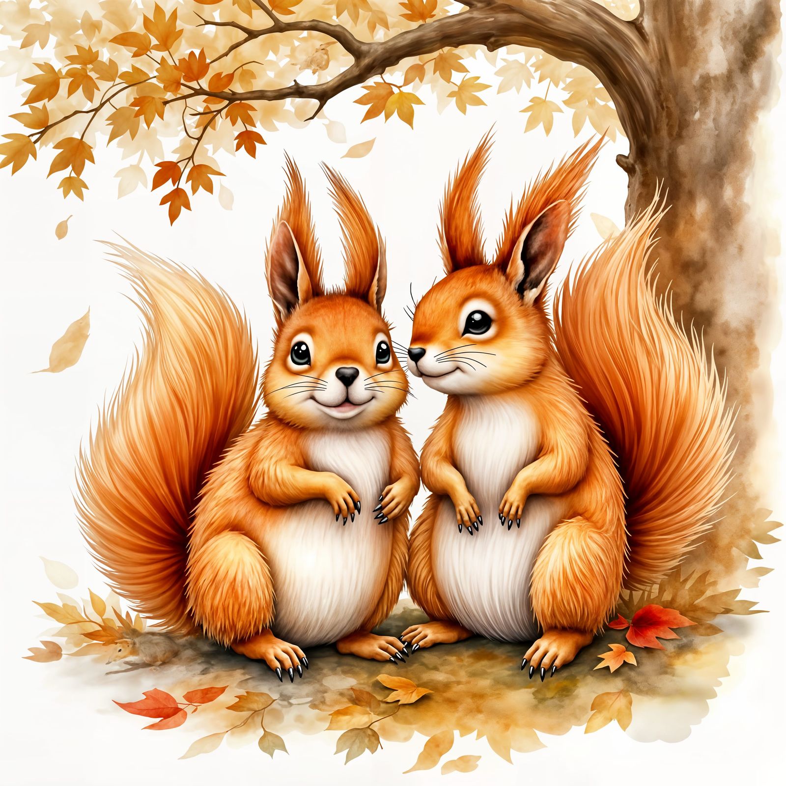 Realistic Squirrels in Autumn Oak Tree Watercolor Painting
