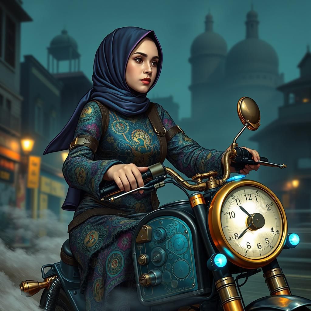 Steampunk Javanese Woman on Motorbike at Night