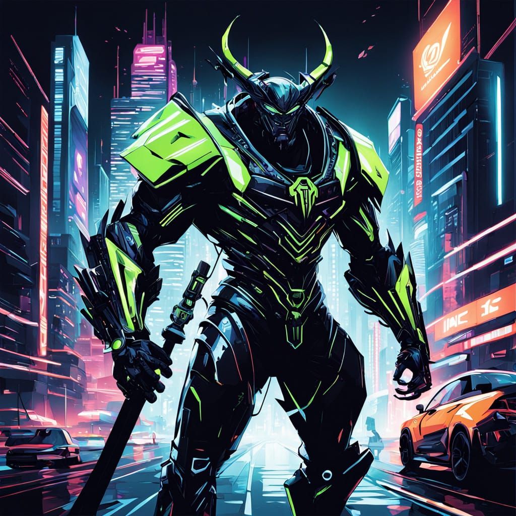 Cyberpunk Samurai Warrior in Neon Armor
