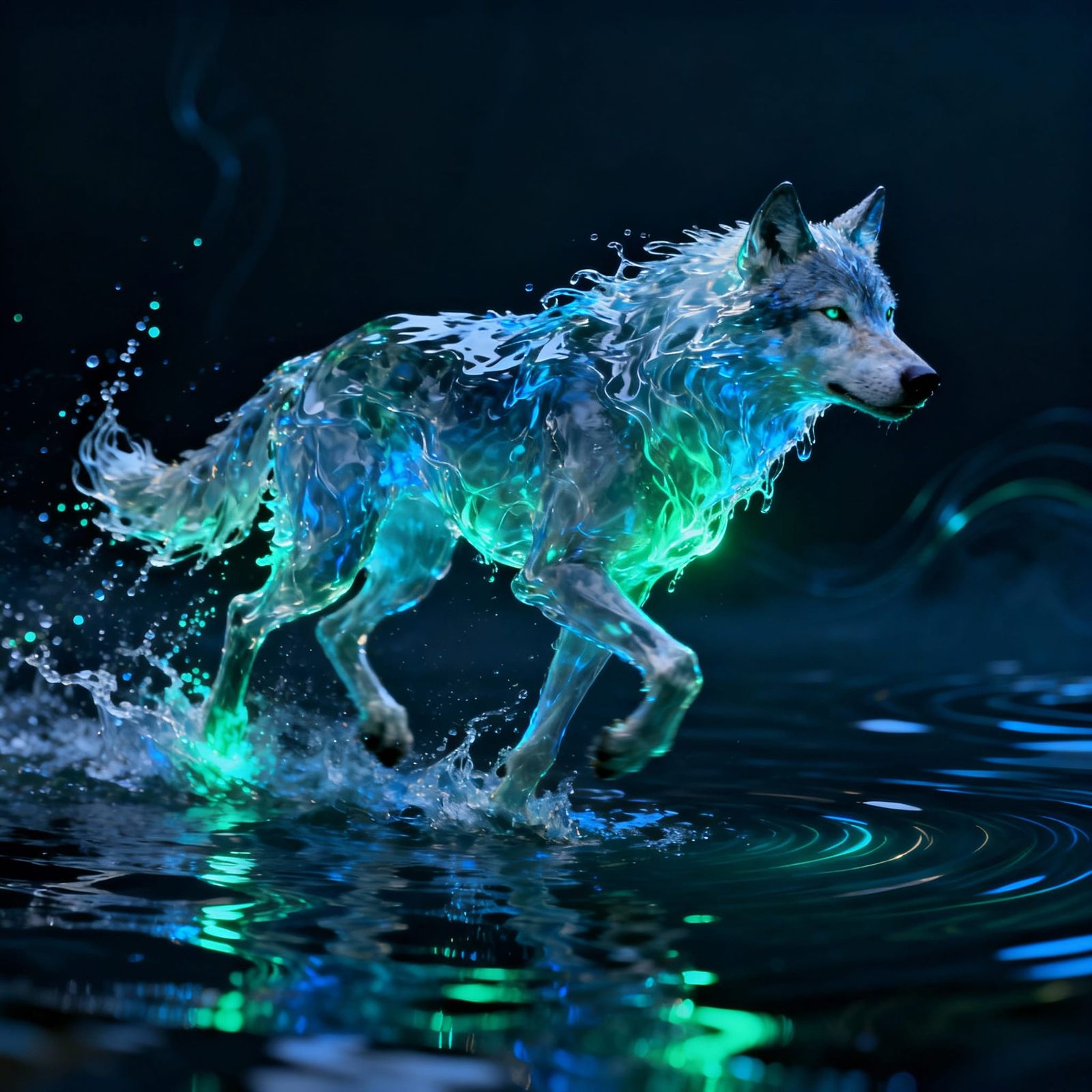 Majestic Water Wolf with Bioluminescent Highlights