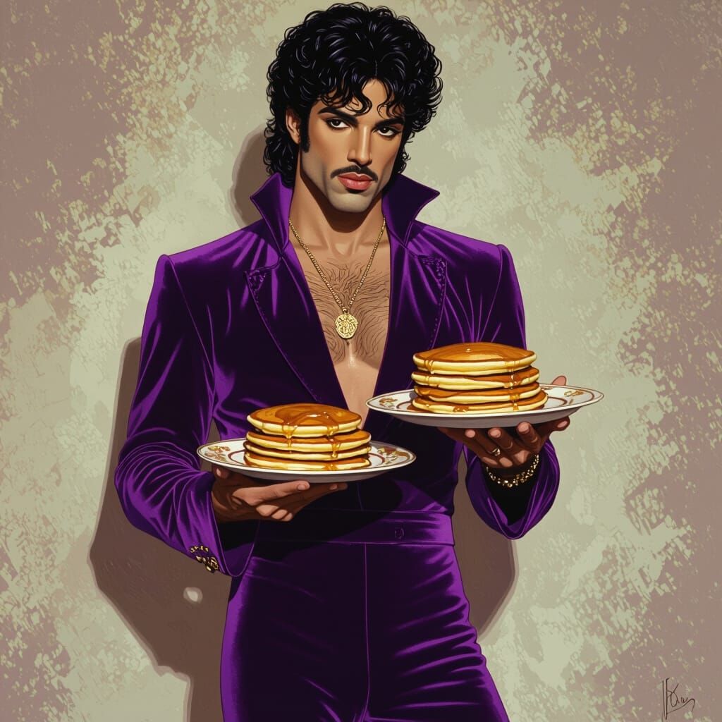 Prince in Purple Velvet Holding Pancakes