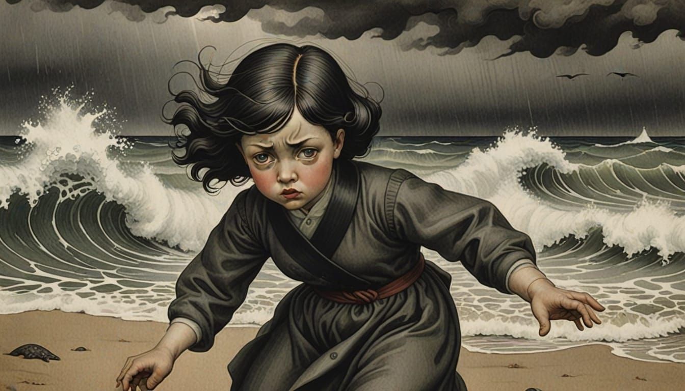 Terrified Chibi Girl and Sea Monster in Photogravure