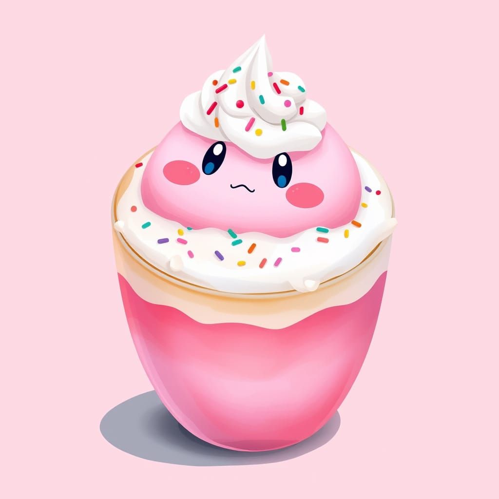Kirby Latte Art in Digital Watercolor Style