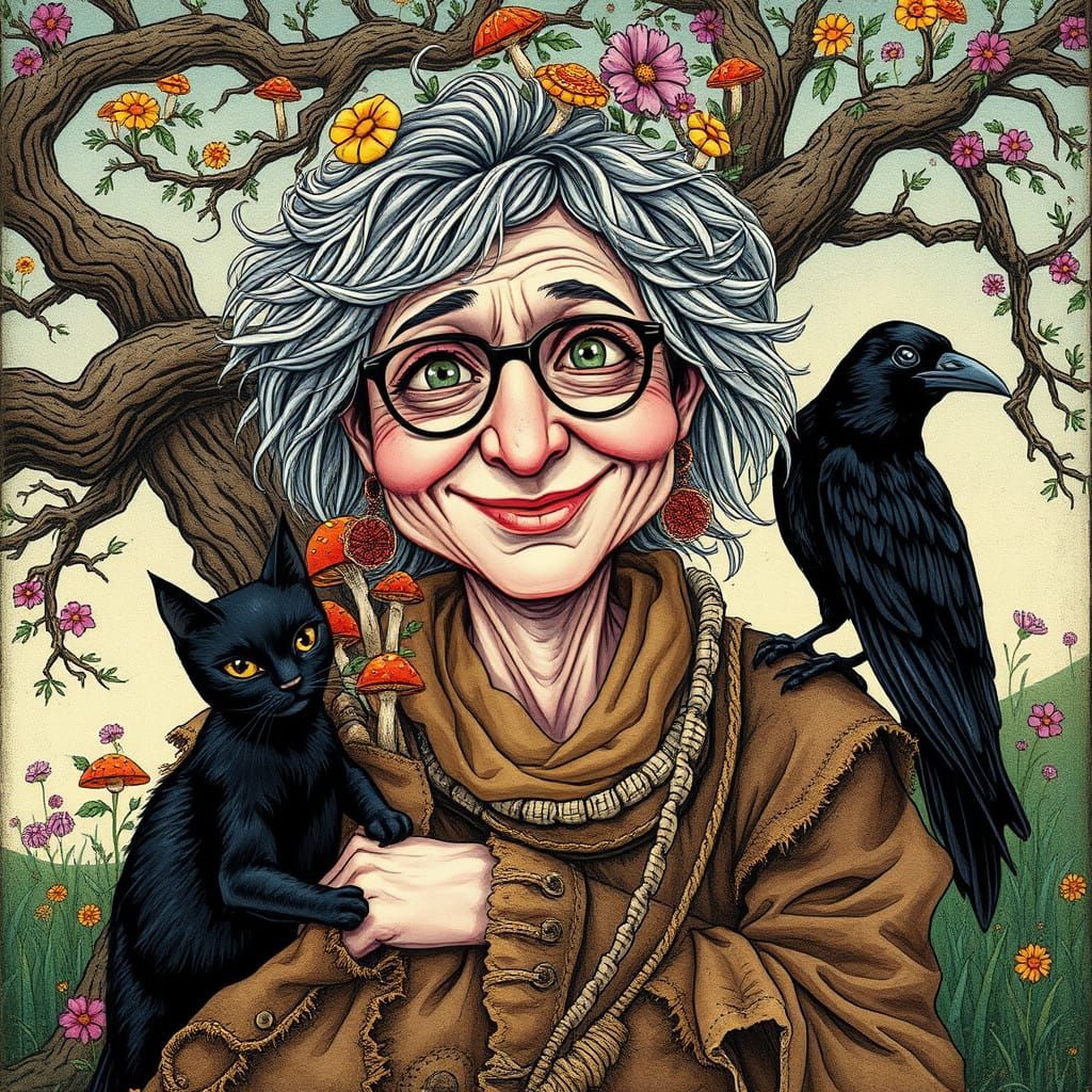 Enchanting Folk-Art Whimsy: A Wrinkled Woman's Mystical Real...