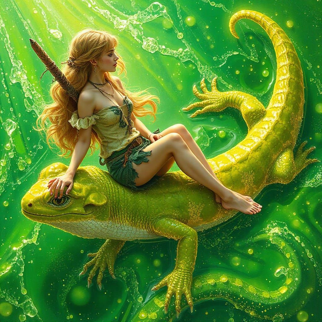 Woman on Gummy Salamander in Soda Sea