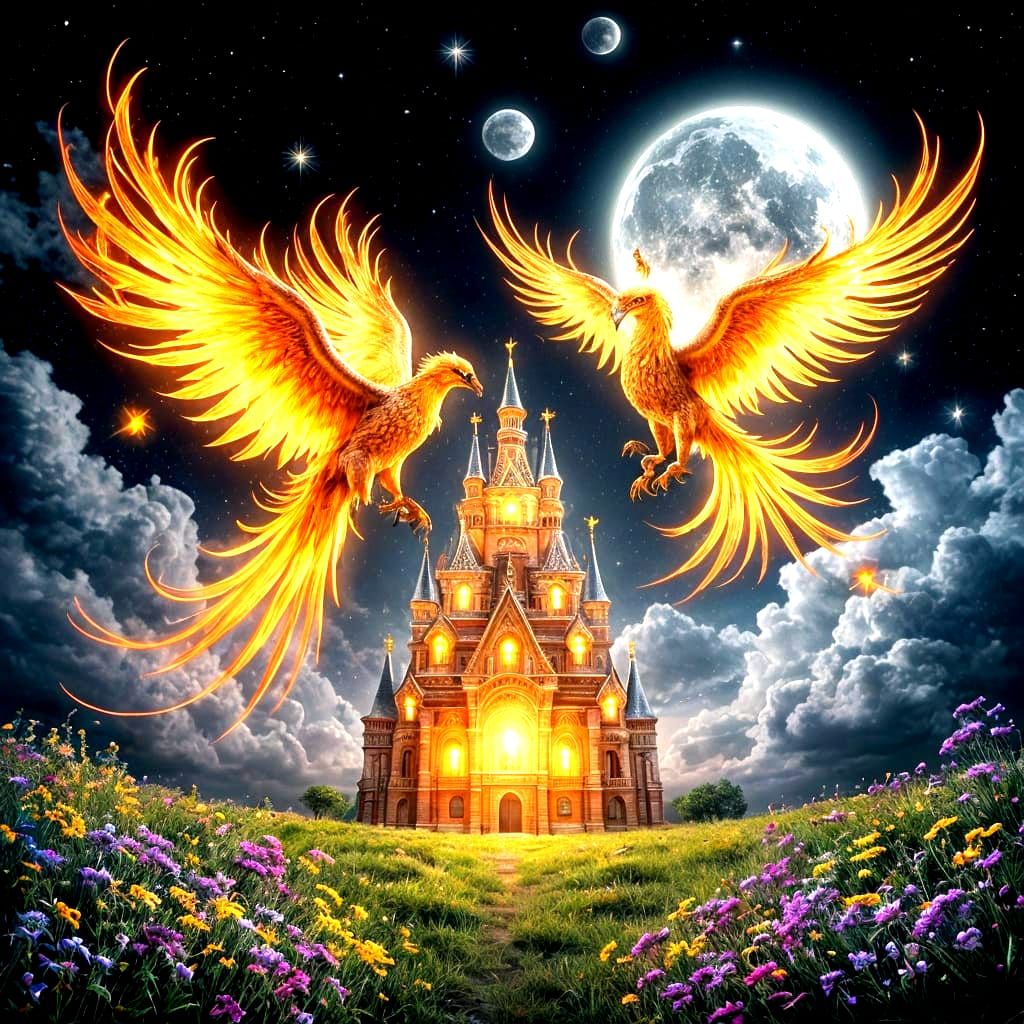 Flaming Phoenixes Fly Near Enchanted Palace