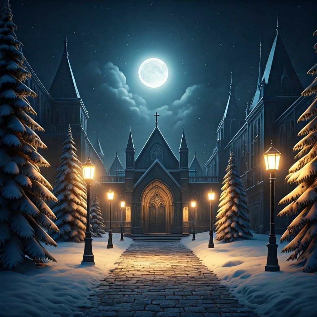 Whimsical Winter Wonderland Scene in Golden, Gothic Style