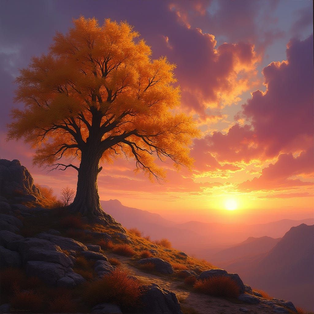 Golden Tree Masterpiece in Fantasy Landscape, Detailed Brush...