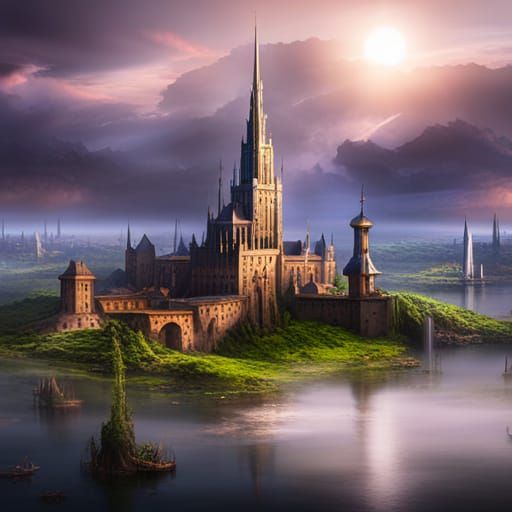 Epic Medieval City with River Harbor, Digital Art
