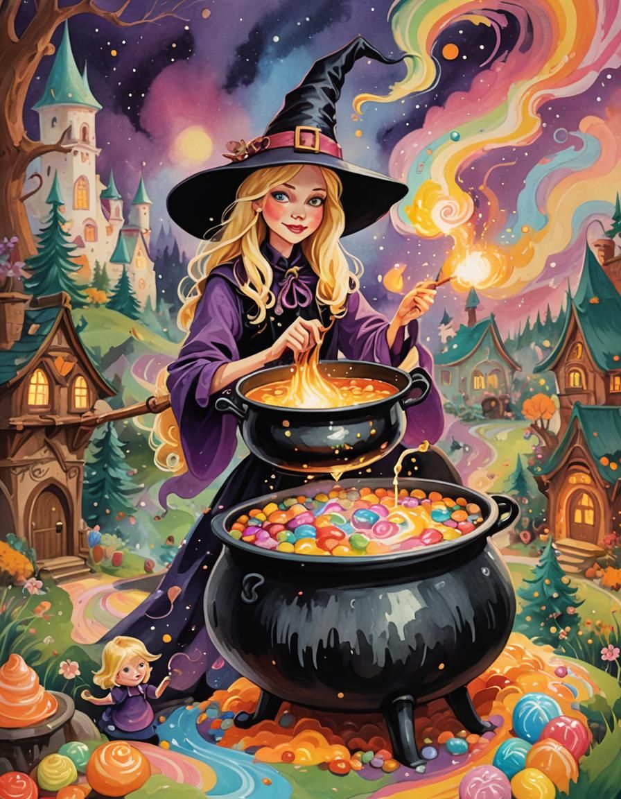 Whimsical Witch Stirring Cauldron in Candyland: Gouache Illu...