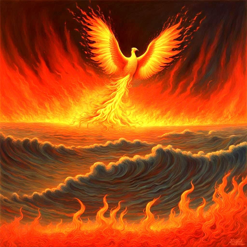 Fiery Phoenix Ignites the Sea: A Surrealist Vision