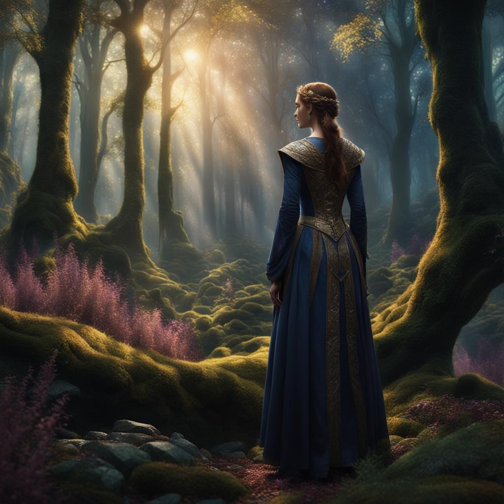Guinevere in Mystical Forest, Pre-Raphaelite Style