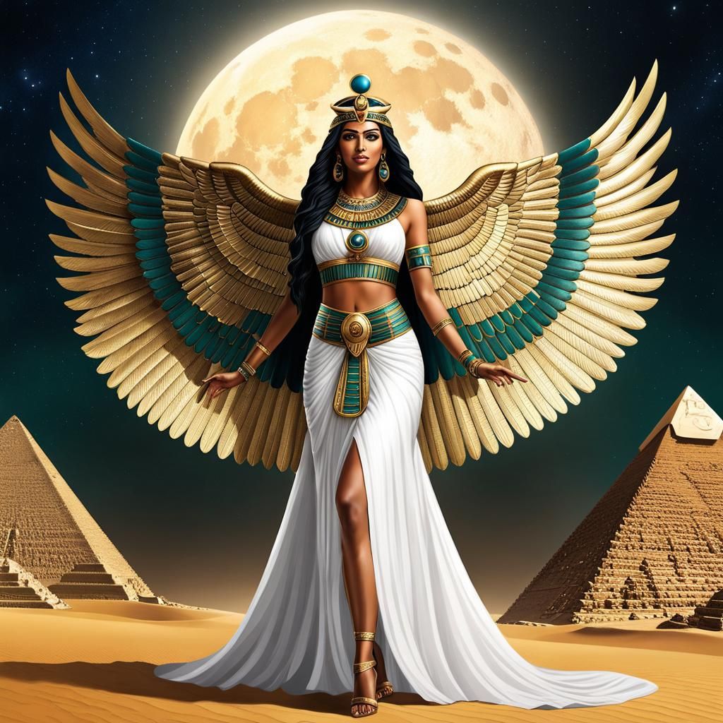 Egyptian Goddess Isis with Angel Wings in Moonlight