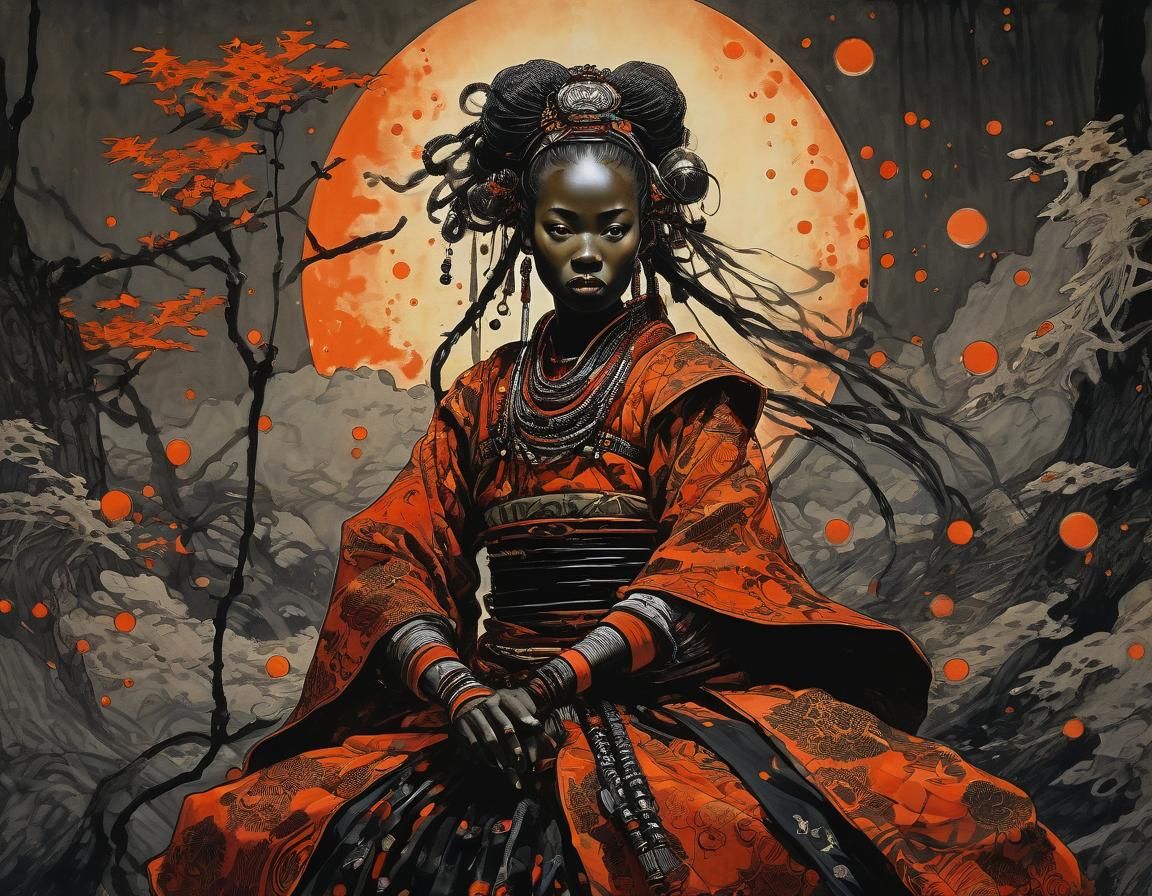 Luminous African Samurai Woman, Arthur Rackham Style