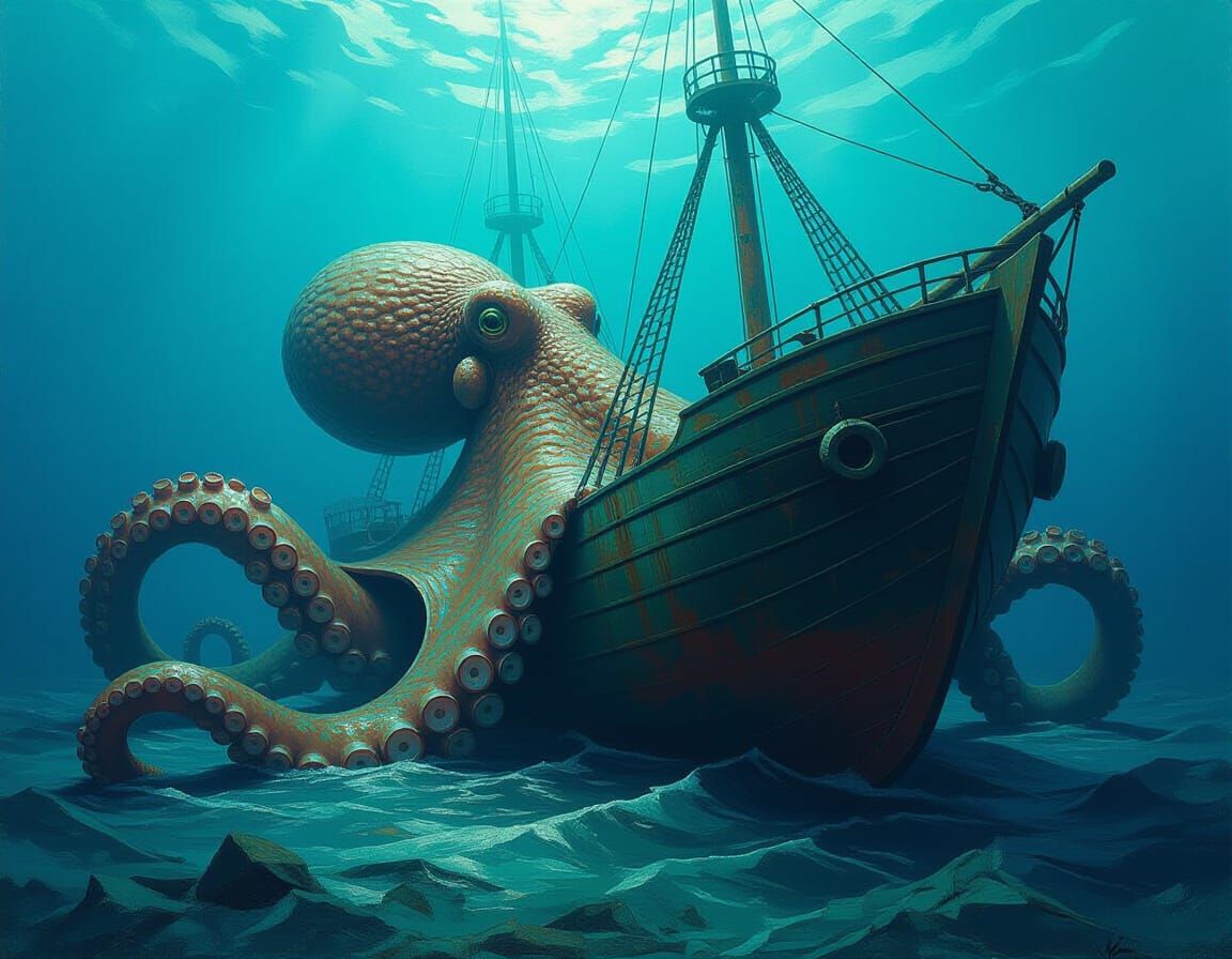 Giant Octopus Drags Ship to Ocean Depths as Impasto Painting