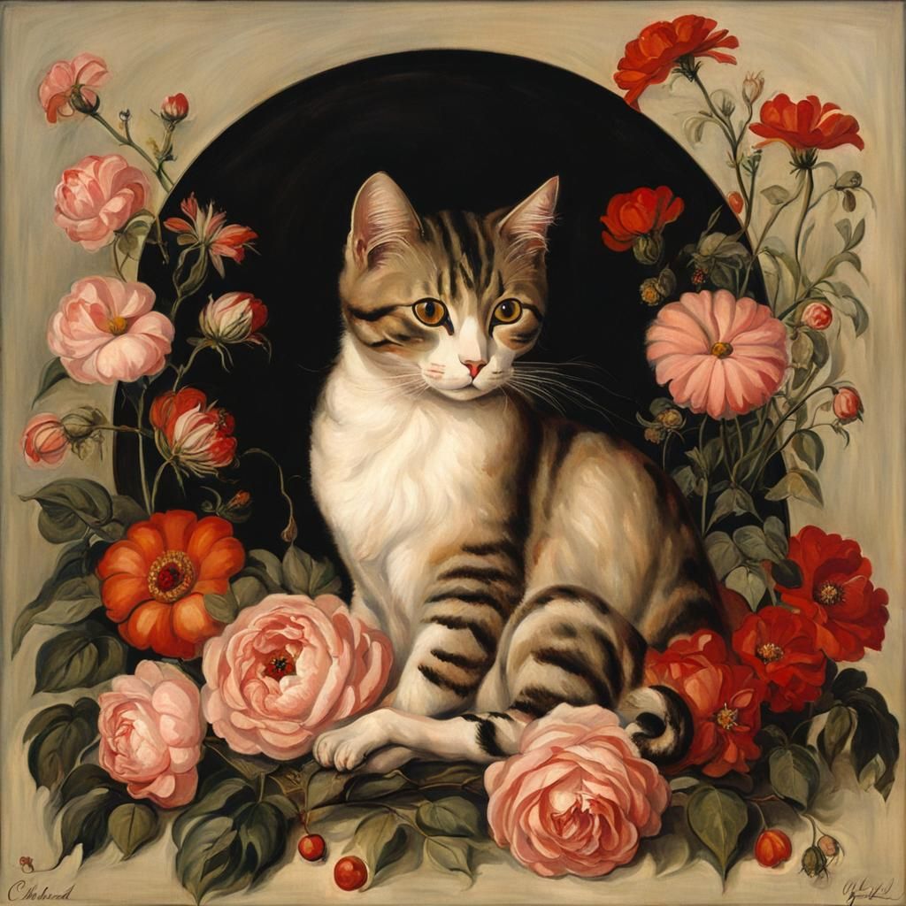 Cute Cat Surrounded by Flowers in New Objectivity Style