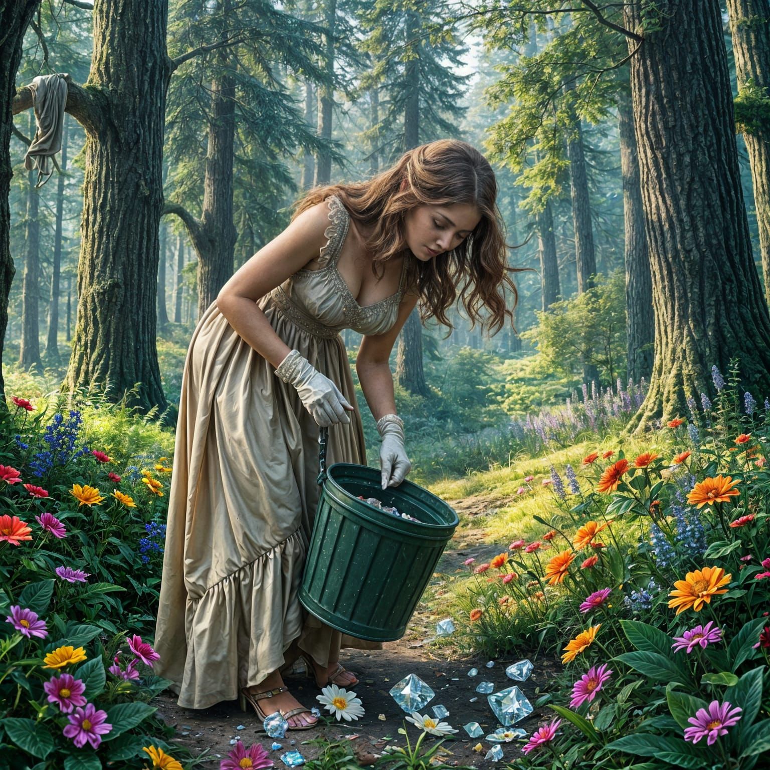 Woman Collects Diamonds in Lush Forest: Hyperrealistic Image