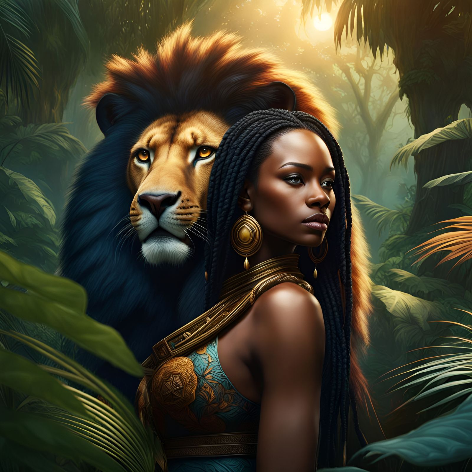 African Woman Rides Lion in Jungle Art