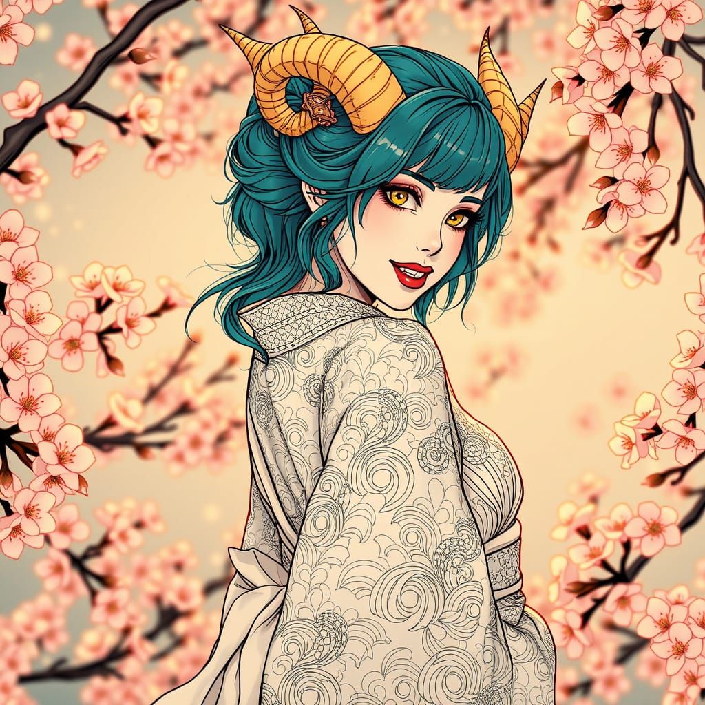 Elegant Cherry Blossom Goddess in Art Nouveau Style