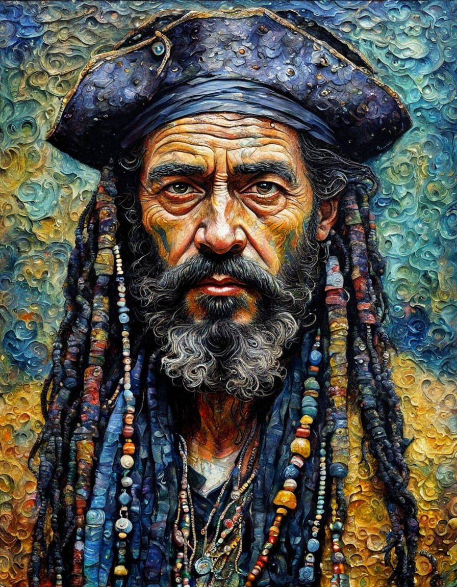 Textured Pirate Portrait in Klimt Style Oil Painting