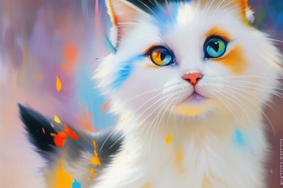 Adorable Chibi Cat in Colorful Oil Painting