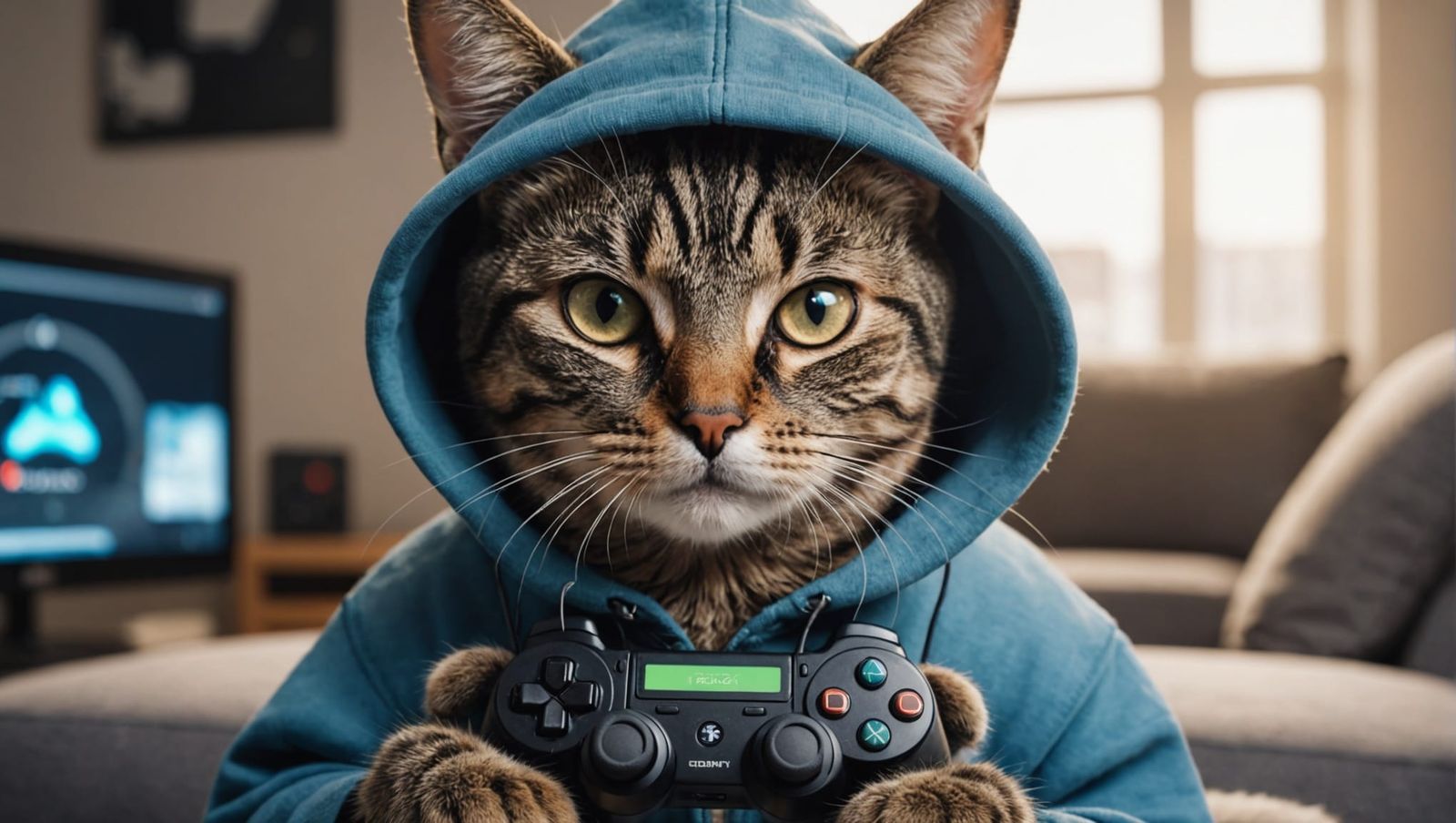 Cat Gamer in Hoodie, Detailed Digital Render