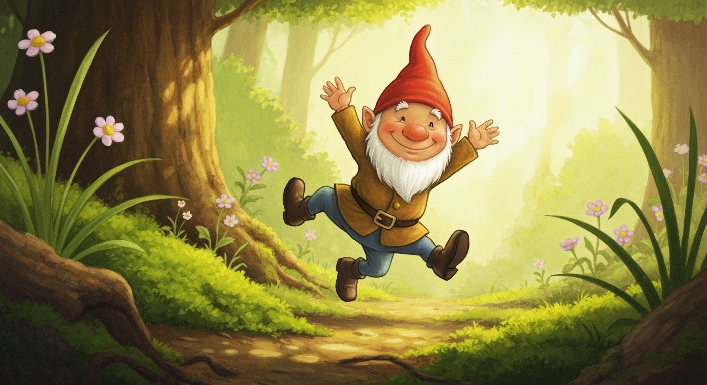 Joyful Garden Gnome Leaping Through Sunlit Forest