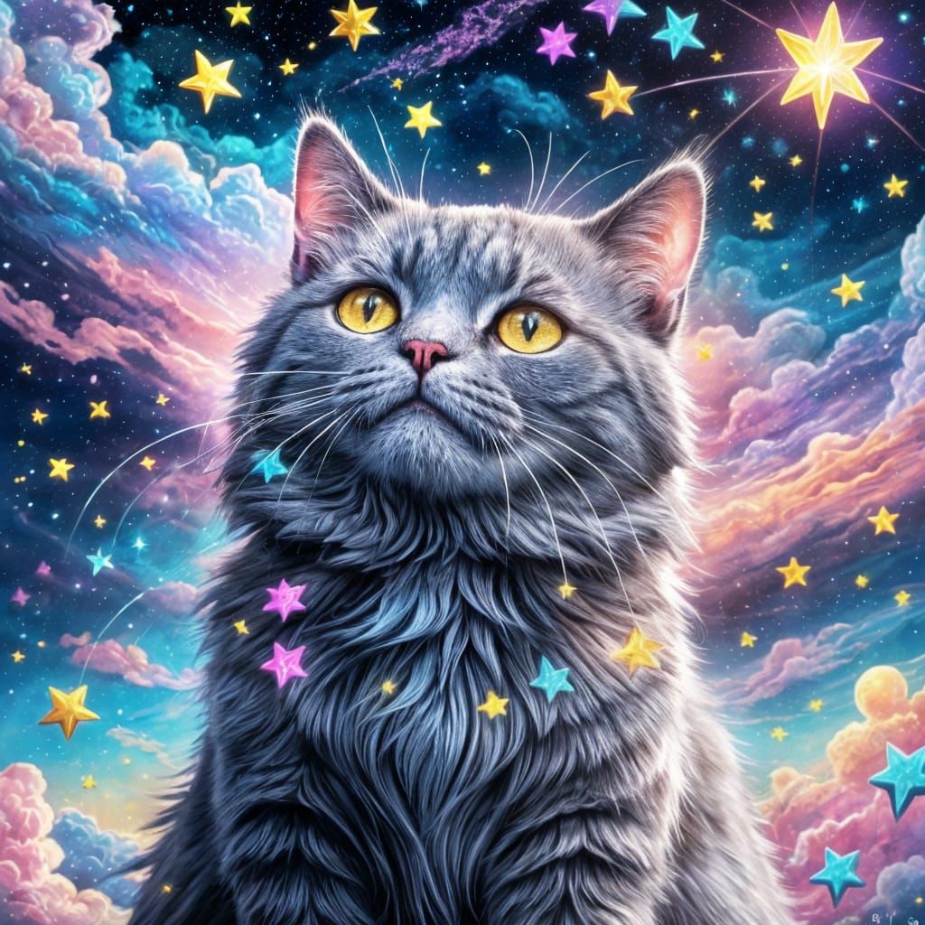 Cosmic Cat Collecting Stars: Holographic Astral Illustration