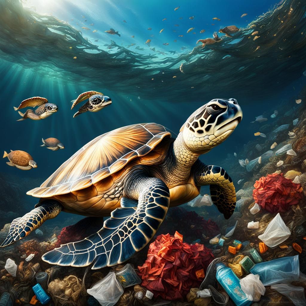 Sea Turtle in Polluted Ocean: Fantasy Concept Art
