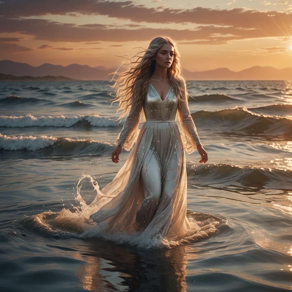 Ethereal Woman Walks on Water at Sunset