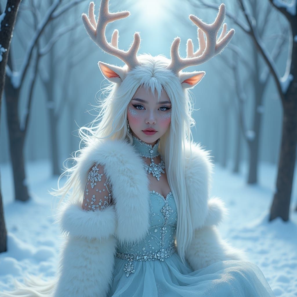 Woman in Ice Deer Costume with Crystal Makeup
